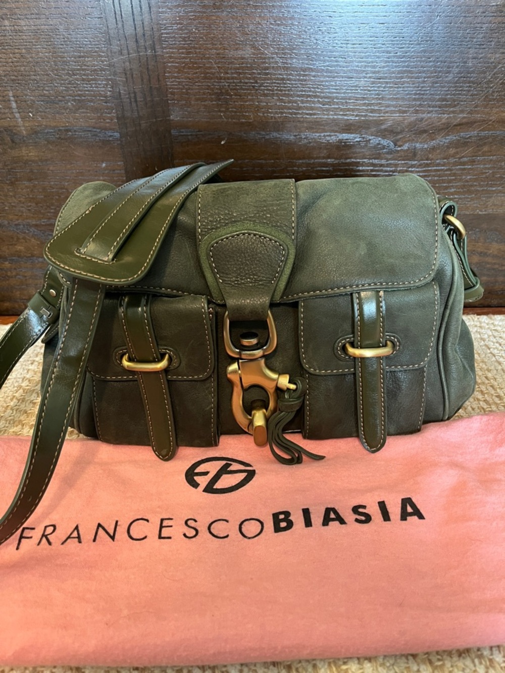 Francesco Biasia Olive Green Leather Saddle Bag